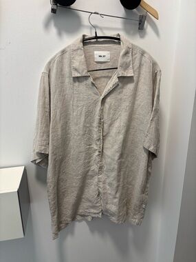 NN.07 Men's Short Sleeve Linen Button-Down Shirt in Light Beige